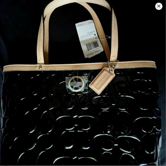 Coach Black  Patent Leather Tan Tote Bag new with tags - Picture 1 of 16